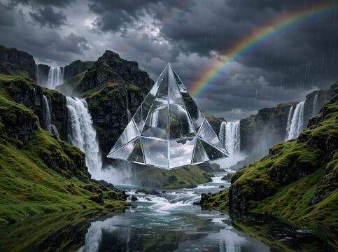 Floating transparent glass pyramid in a dramatic landscape. Surreal nature scene with waterfalls dark stormy clouds and a rainbow