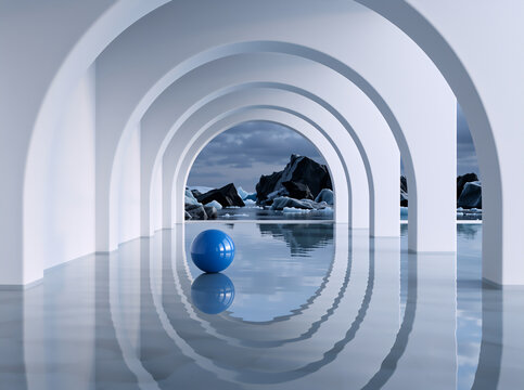 Surreal white architectural arches over a reflective floor with a blue sphere. Modern minimalist design framing a landscape of dark icebergs