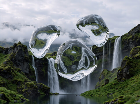 Floating irregular transparent water droplets distorting a green landscape. Surreal nature scene with cascading waterfalls and mossy rocks