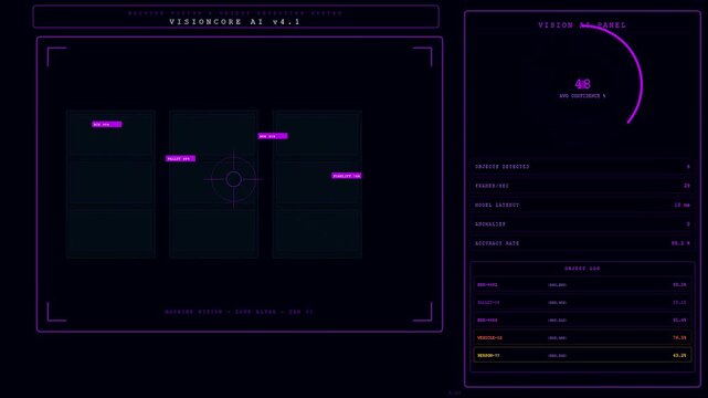 Dark warehouse robotics interface displaying tracking data on a glowing screen with digital graphical elements capturing object detection metrics for industrial automated inventory management systems