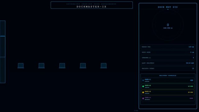 Dark warehouse robotics interface showing real time logistics metrics and loading dock progress data on a neon blue illuminated digital display panel system for tracking