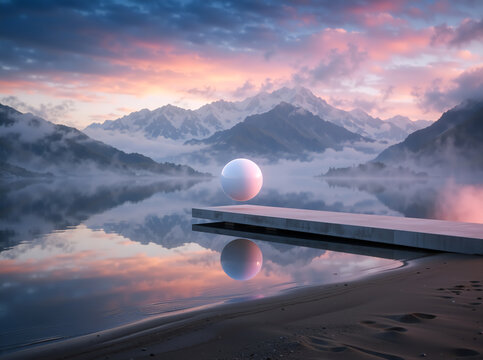 White sphere hovering over a concrete pier on a still lake. Minimalist surreal landscape with floating ball and snow capped mountains at sunset
