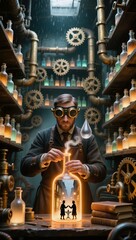Fototapeta premium Scientist works in a laboratory with colorful liquids and gears as rain falls outside in a steampunk setting