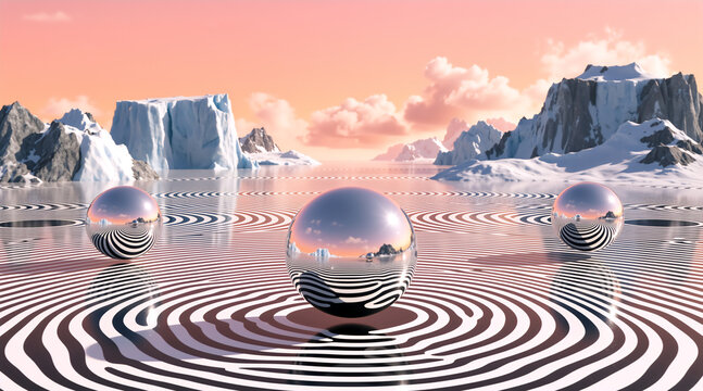 Reflective chrome spheres on a black and white ripple pattern. Surreal arctic landscape with icebergs and mountains under a peach sky. Abstract 3d render art