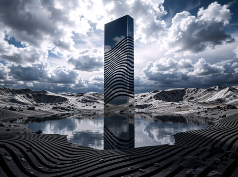 Metallic monolith with wavy stripes in a pool of water. Surreal alien landscape with craters under a dramatic cloudy sky. Sci-fi concept art