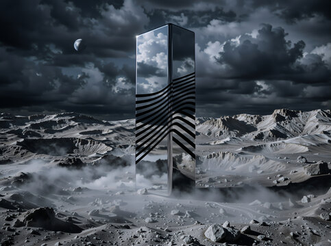 Reflective metallic monolith on a desolate alien planet. Sci-fi obelisk with black stripes in a cratered lunar landscape. Futuristic space exploration concept