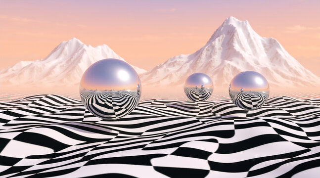 Surreal 3D render of chrome spheres floating over a wavy checkered landscape. Optical illusion grid with snow mountains and sunset sky. Retro futuristic abstract background