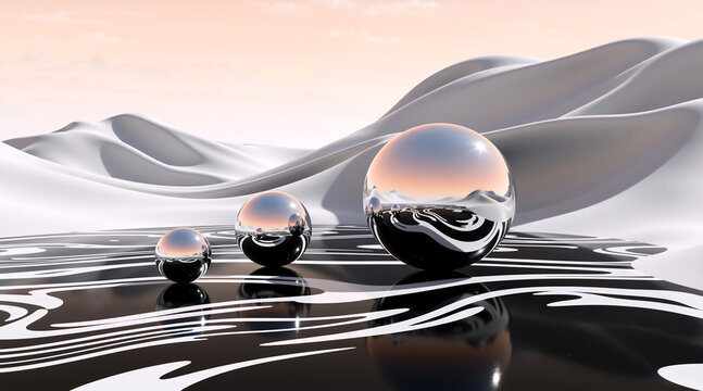 Abstract 3D render of three reflective chrome spheres on a patterned black floor. Minimalist surreal landscape with white dunes under a pastel sky. Futuristic digital art concept