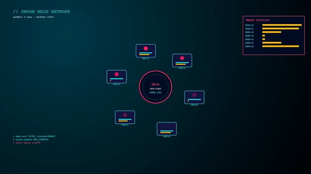 Digital dark warehouse robotics nodes display active data streams pulsating across a centralized network hub showing monitoring graphs and server status updates in neon hues