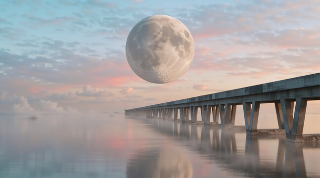 Giant full moon hovering over a long concrete pier in misty water. Surreal fantasy landscape at sunset with pink and blue clouds. Dreamlike digital composite art