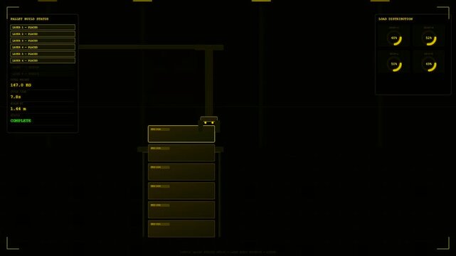 Dark warehouse robotics interface screens display a glowing digital arm lifting heavy containers in a rhythmic sequence on a computer monitor within an industrial facility