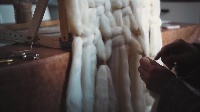 Close-up of a woman's hands tying macrame knots with wool and cord for a decorative tapestry, showcasing handmade textile art, craftsmanship and DIY creativity.
