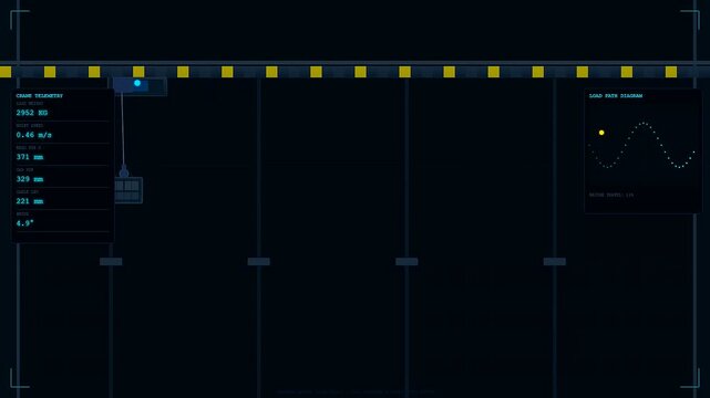 Dark warehouse robotics interface showing movement tracking and crane telemetry data in a systematic digital display featuring moving load path diagrams on a dark blue background