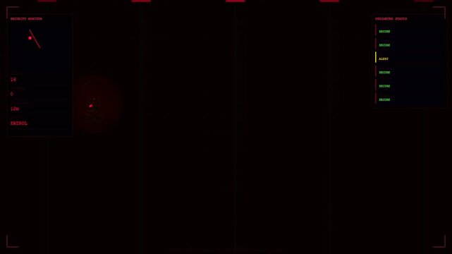 Dark warehouse robotics interface showing glowing motion alerts and tracking data on digital screens inside a dim facility with glowing red sensors and system status logs