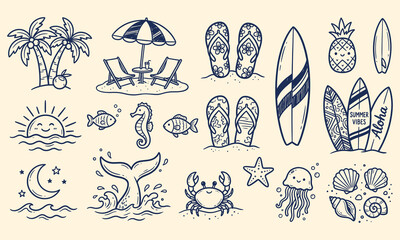 Summer beach doodle set, hand drawn collection of tropical vacation elements including palm trees, surfboard, flip flops, sea animals, and sun © Marjahan