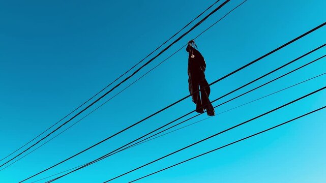 Black jacket hanging on wires. Swaying above trees under clear blue sky, tangled sleeves and straps drape between utility poles