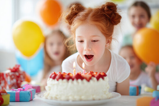 joyful child eagerly blows out candles on cake surrounded by festive table filled with colorful decorations and