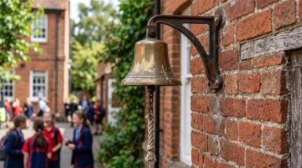 Obraz premium Historic school bell mounted on brick wall with students in background