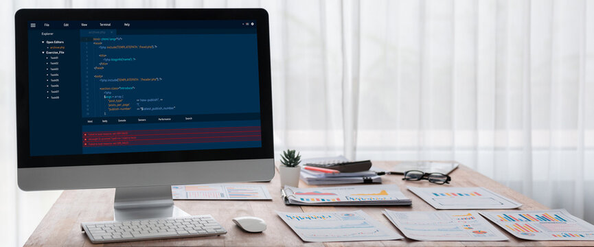 Software development programming on computer screen for brisk application and program coding