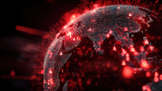 Virtual hologram of a digital globe with red displays showing various information during a tech event