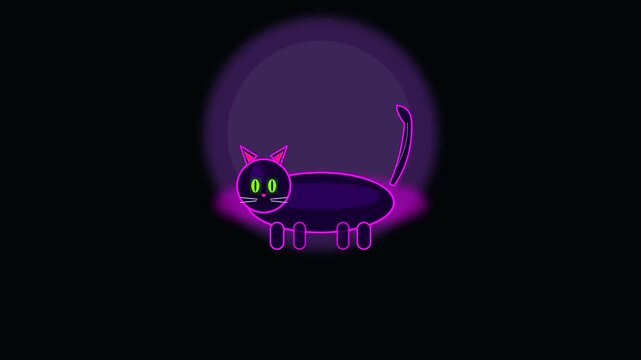 Neon cartoon cats with halloween motifs and cyberpunk makeup aesthetics glow against dark purple circular lighting in this stylized digital animation of playful feline movement