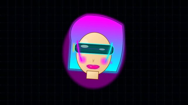 Animated portrait featuring digital character with glowing neon hair and cyberpunk makeup perfect for halloween festive party aesthetics in a virtual grid space motion graphic style