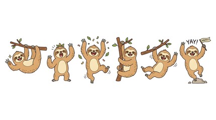 Obraz premium Set of happy and playful cartoon sloths in joyful poses, celebrating fun and cheerfulness on branches
