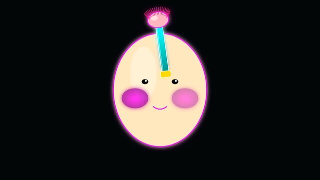 a cartoon egg character undergoes a spooky halloween transformation with colorful cyberpunk makeup application applied by a floating brush set against a stark solid black void