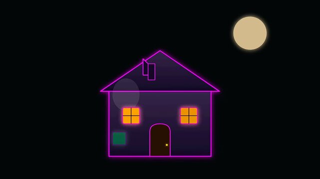Minimalist purple house animation featuring a tiny floating fish motif as if wearing cyberpunk makeup under a glowing celestial sphere during a silent halloween nocturnal sequence