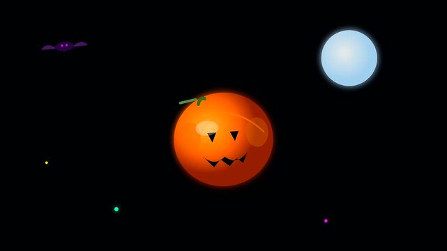 Floating orange pumpkins display glowing faces in a dark void while tiny creatures hover near circular orbs reflecting a unique festive cyberpunk makeup aesthetic style