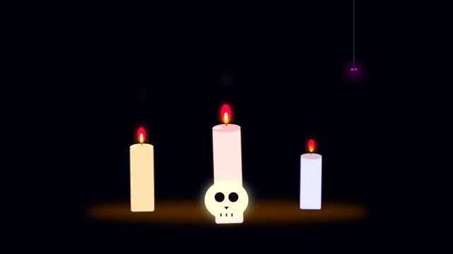 Three glowing candles with skull decorations flicker in the dark while cyberpunk makeup aesthetics emerge within this mysterious scene of eerie light and haunting shadows