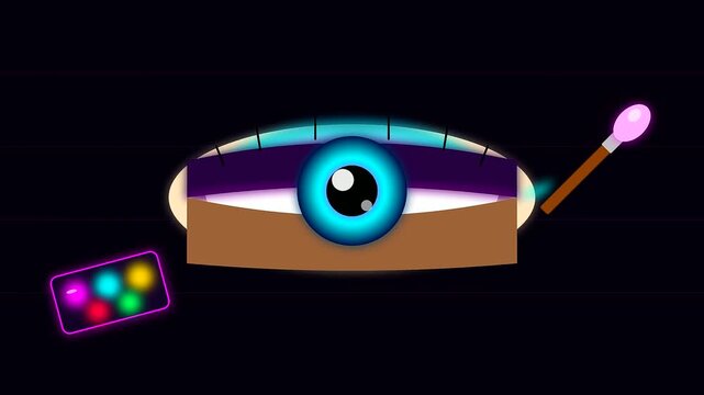 Digital animation of a robotic eye applying cyberpunk makeup in a futuristic halloween setting featuring neon color palettes and glowing applicator wands on screen
