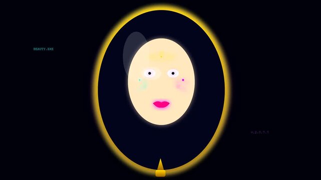 a surreal halloween mask with glowing cyberpunk makeup applied to a white oval face within a golden mirror frame featuring eerie shifts in colorful facial details