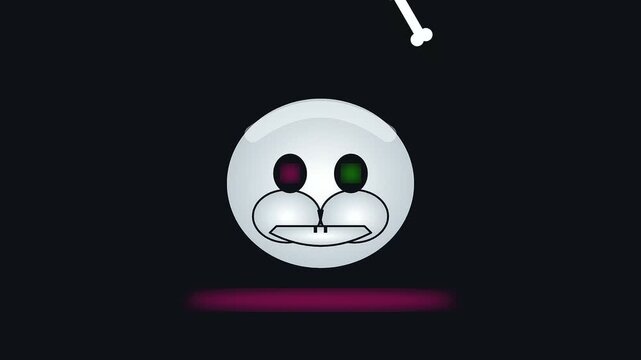 cartoon character animation featuring a white round head with halloween festive vibes and glowing eyes showing cyberpunk makeup styles on a dark solid black space