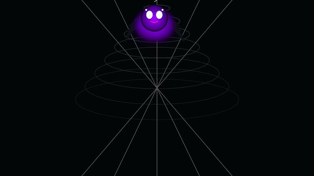 Animated purple spider creature descends on translucent web lines while exhibiting glowing neon eyes and distinctive cyberpunk makeup styles during a festive spooky halloween night party