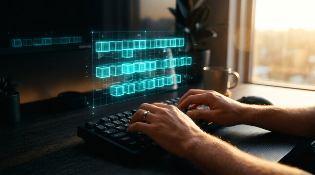 A clean close-up shot of a developer's hands typing on a sleek mechanical keyboard, while a sharp, translucent 3D holographic matrix grid of cyan light cubes floats directly over the hands. Minimalist