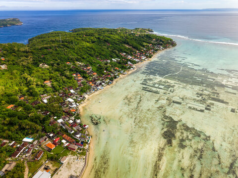 Aerial view of seaweed farming in the channel at Nusa Lembongan, Bali