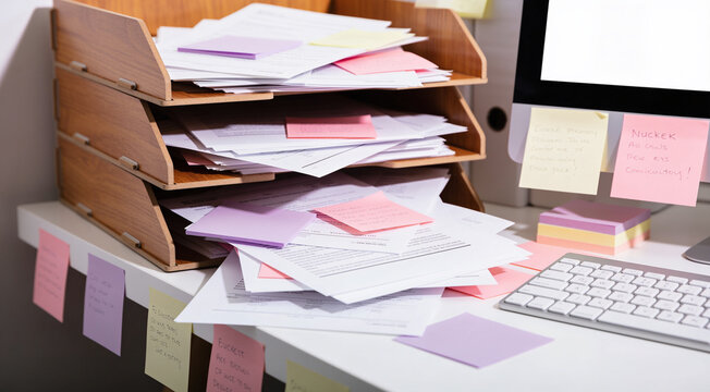Chaotic desk workspace with sticky notes on computer monitor representing corporate burnout depression and anxiety