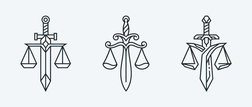 Three hand drawn line art scales of justice with sword symbols on light blue background