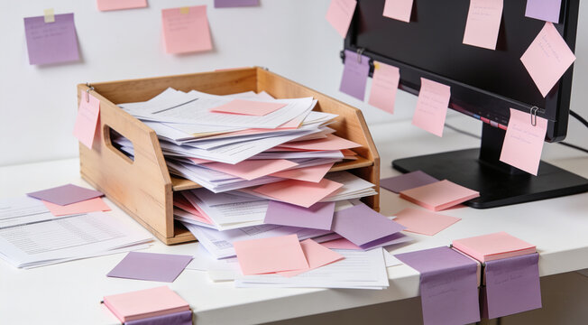 Scattered business documents and reminder notes around computer monitor representing extreme office work anxiety