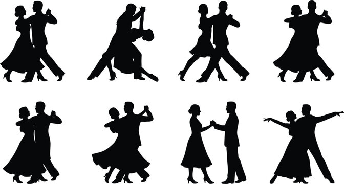 Ballroom dancing couple silhouettes set including elegant partners performing classic waltz tango salsa and romantic formal dance poses