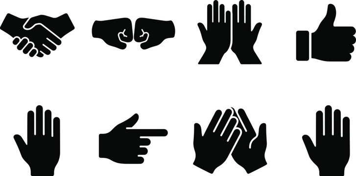 Hand gestures silhouette icon set featuring handshake fist bump high five thumbs up pointing and clapping hands symbols