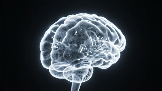 Glowing white wireframe human brain model with translucent lobes and intricate neural structures, top-down view isolated on black background for science and AI concept.