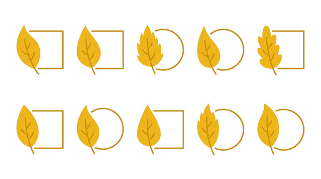 Set of autumn leaf icons with geometric frames, vector illustration of yellow foliage with square and circle borders