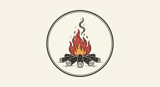 Circular campfire illustration with burning logs and orange flames.
