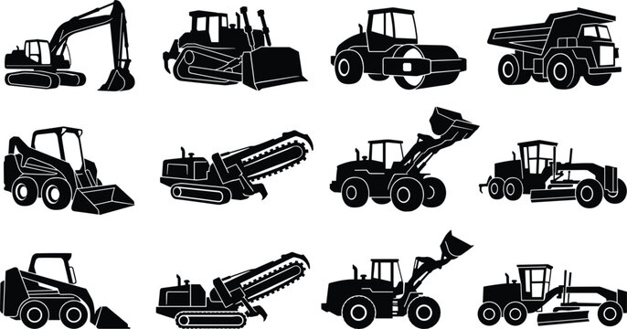 Heavy construction machinery black silhouettes set including excavator bulldozer dump truck road roller skid steer and wheel loader