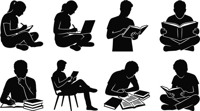 Students studying silhouette set featuring people reading books writing notes using laptop tablets and doing homework for education