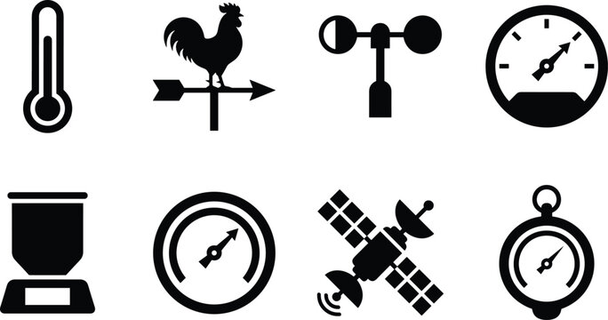 Weather station and meteorology icon set featuring thermometer weather vane anemometer barometer gauge sensor satellite and compass instruments