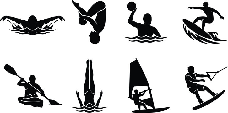 Water sports silhouette icon set featuring swimming diving water polo surfing kayaking windsurfing and wakeboarding athletic activities