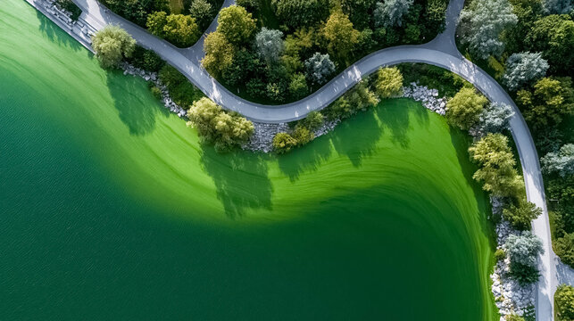 Aerial view of toxic green algae bloom covering urban lake shoreline during summer heatwave causing water pollution and environmental damage